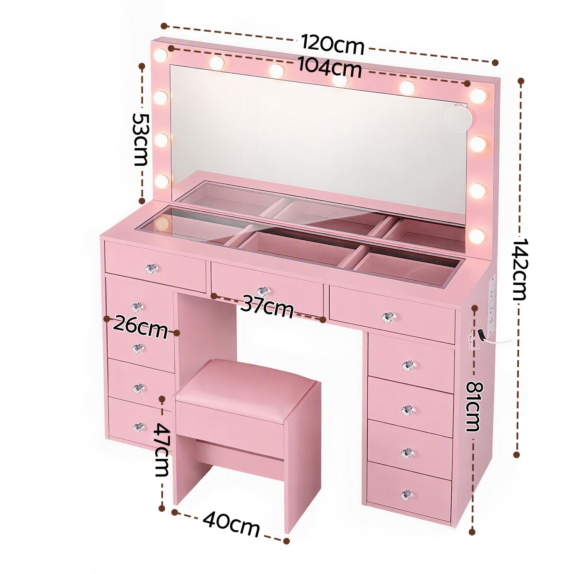 Artiss Dressing Table Charging Station LED Vanity Desk Set Stool Glass Top Make up Mirror Storage Drawer Pink Awezingly