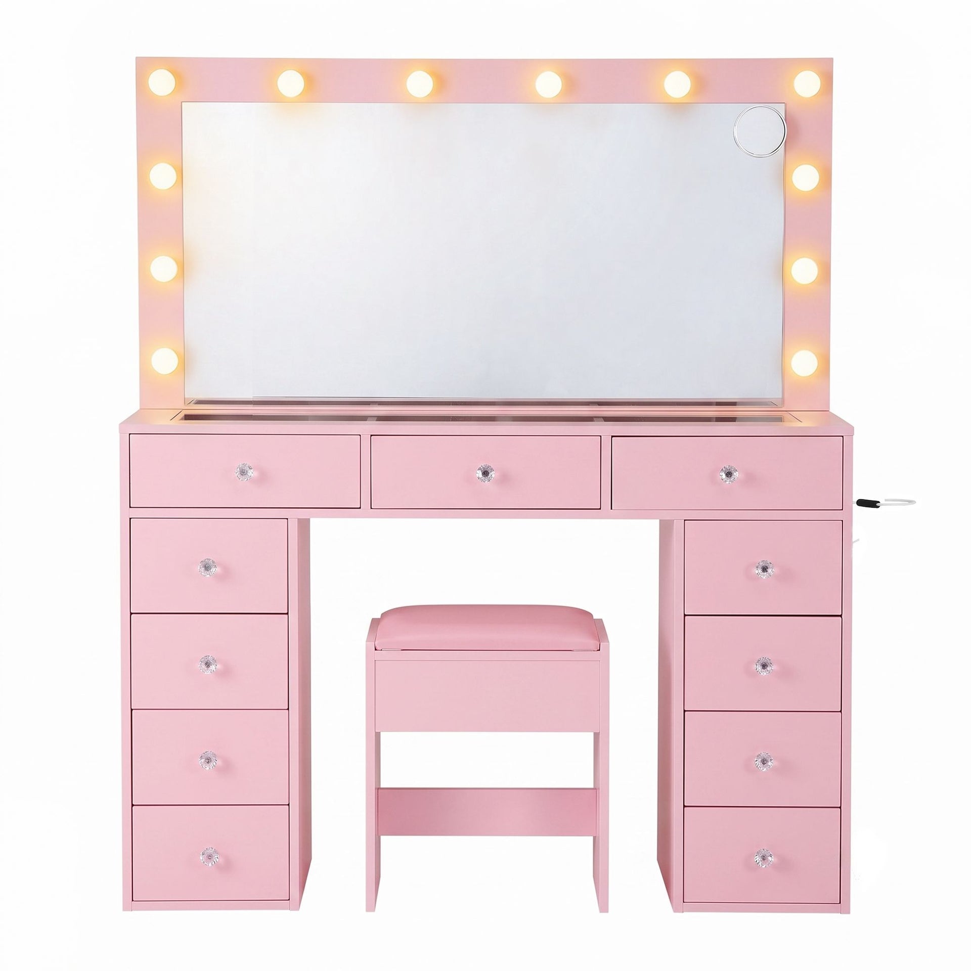 Artiss Dressing Table Charging Station LED Vanity Desk Set Stool Glass Top Make up Mirror Storage Drawer Pink Awezingly