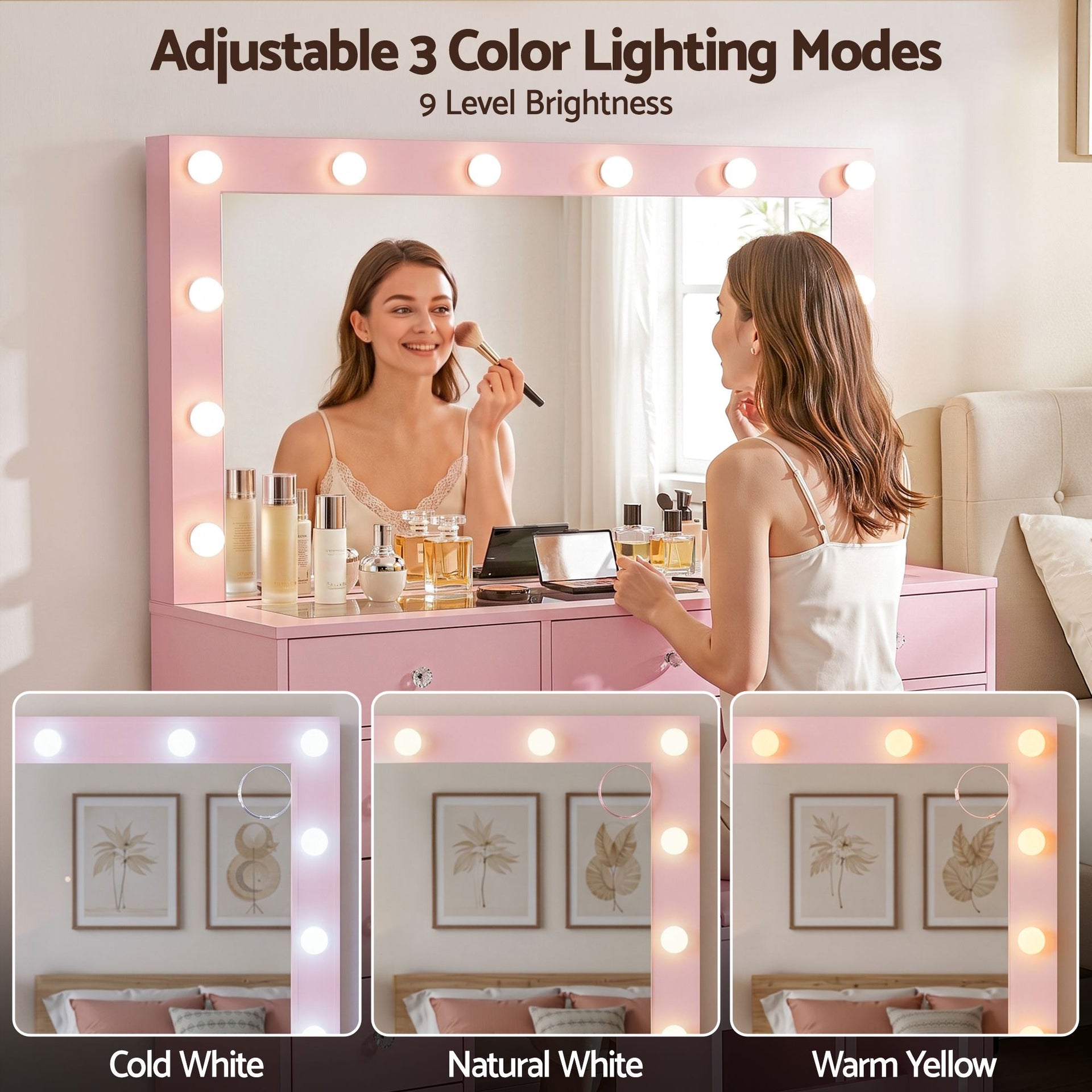 Artiss Dressing Table Charging Station LED Vanity Desk Set Stool Glass Top Make up Mirror Storage Drawer Pink Awezingly