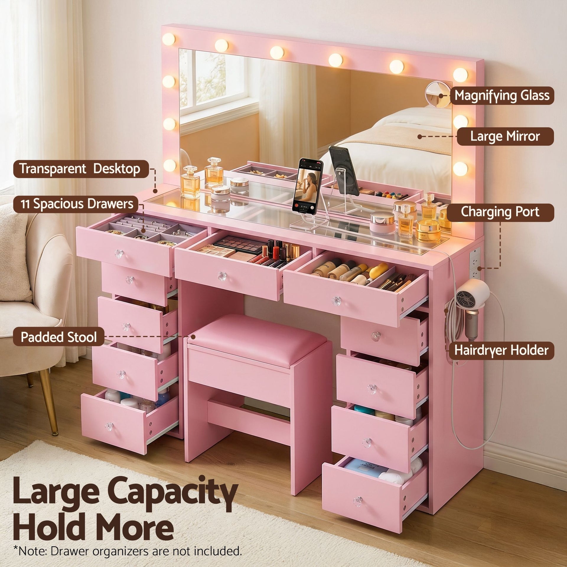 Artiss Dressing Table Charging Station LED Vanity Desk Set Stool Glass Top Make up Mirror Storage Drawer Pink Awezingly