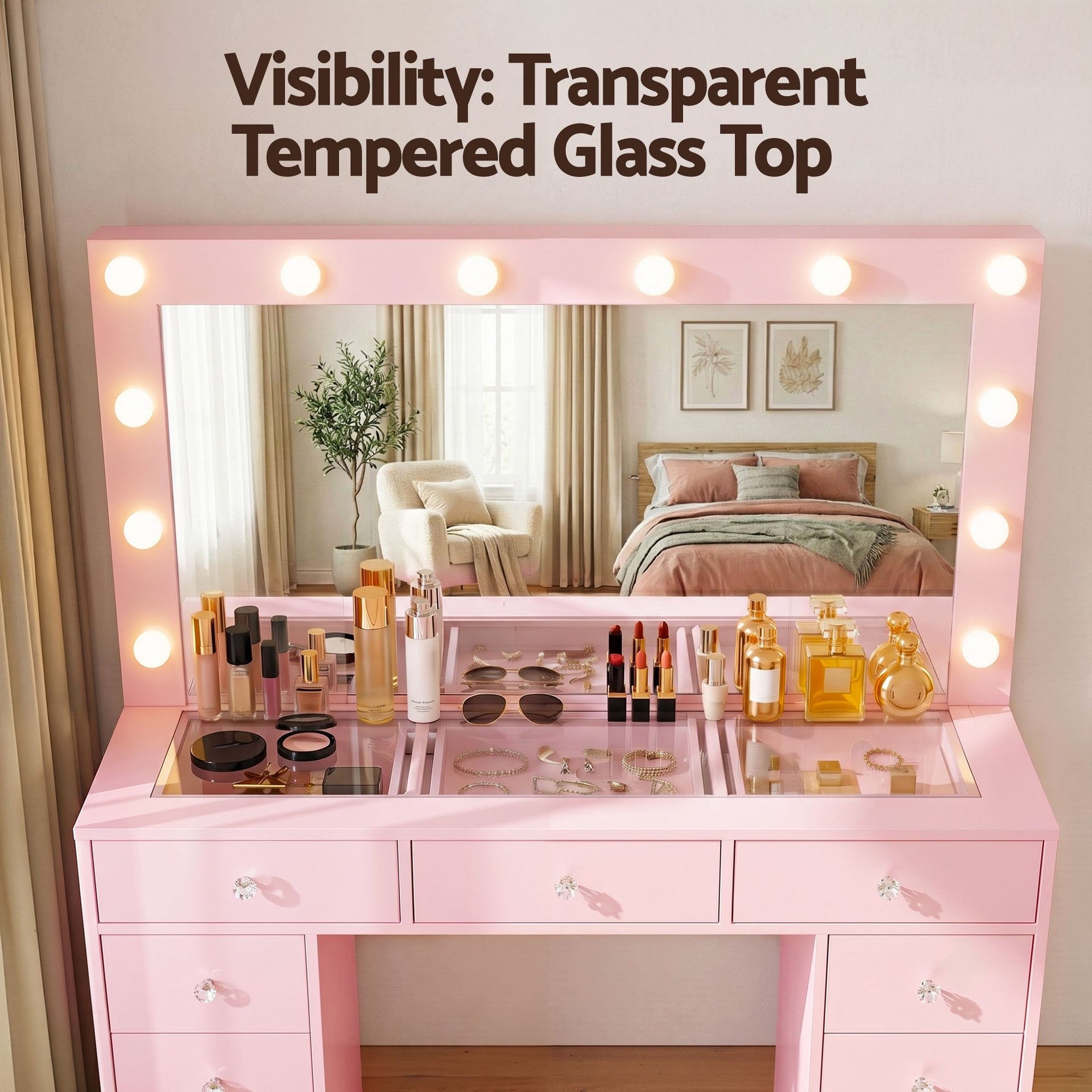 Artiss Dressing Table Charging Station LED Vanity Desk Set Stool Glass Top Make up Mirror Storage Drawer Pink Awezingly
