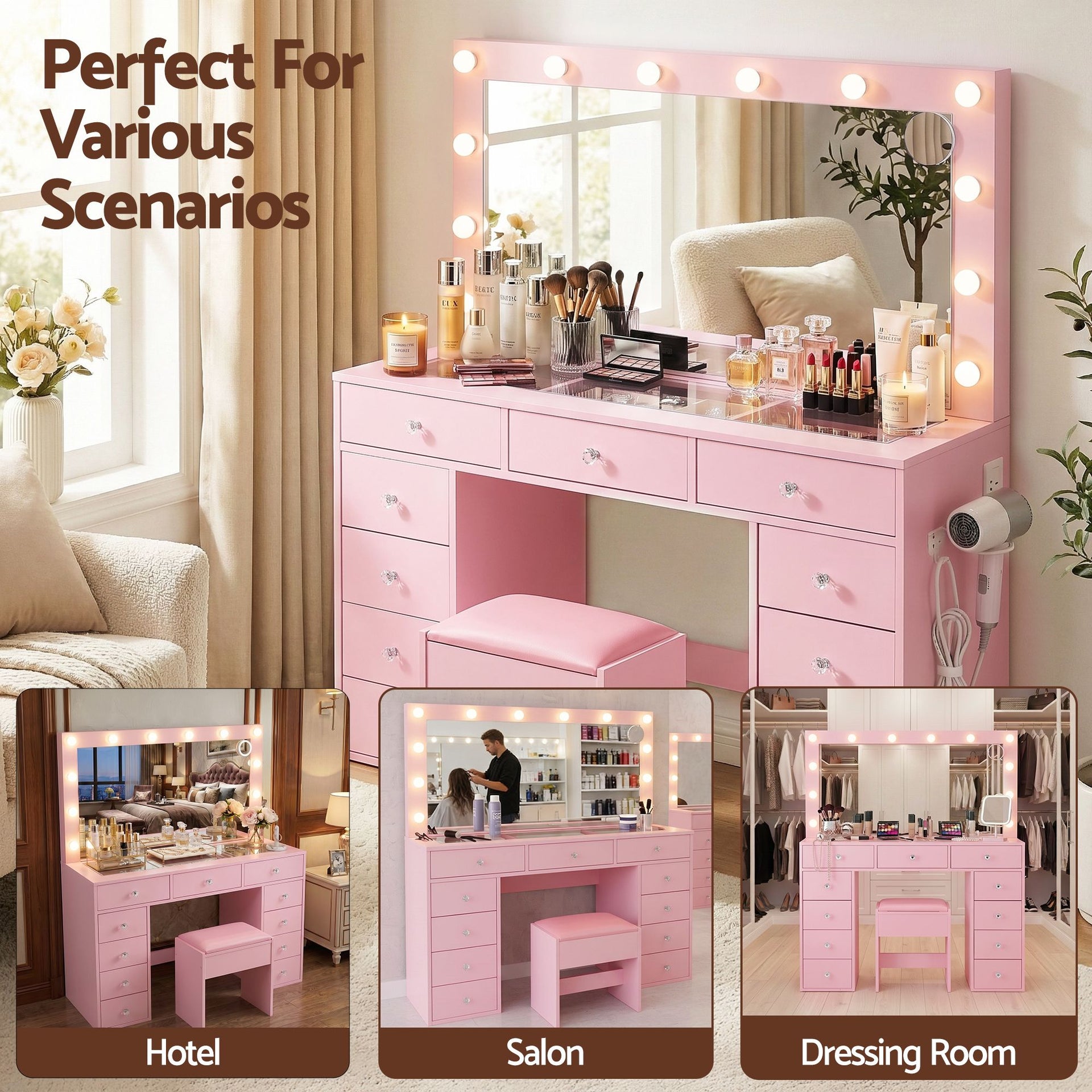 Artiss Dressing Table Charging Station LED Vanity Desk Set Stool Glass Top Make up Mirror Storage Drawer Pink Awezingly