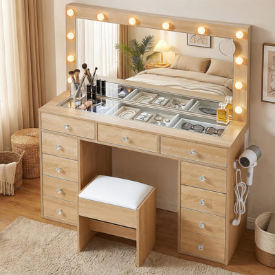 Artiss Dressing Table Vanity Desk Set Stool LED Bulbs Wood