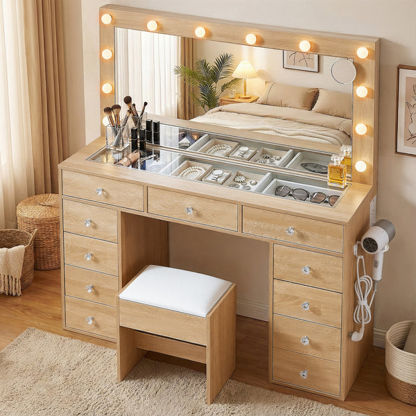 Artiss Dressing Table Vanity Desk Set Stool LED Bulbs Wood Awezingly