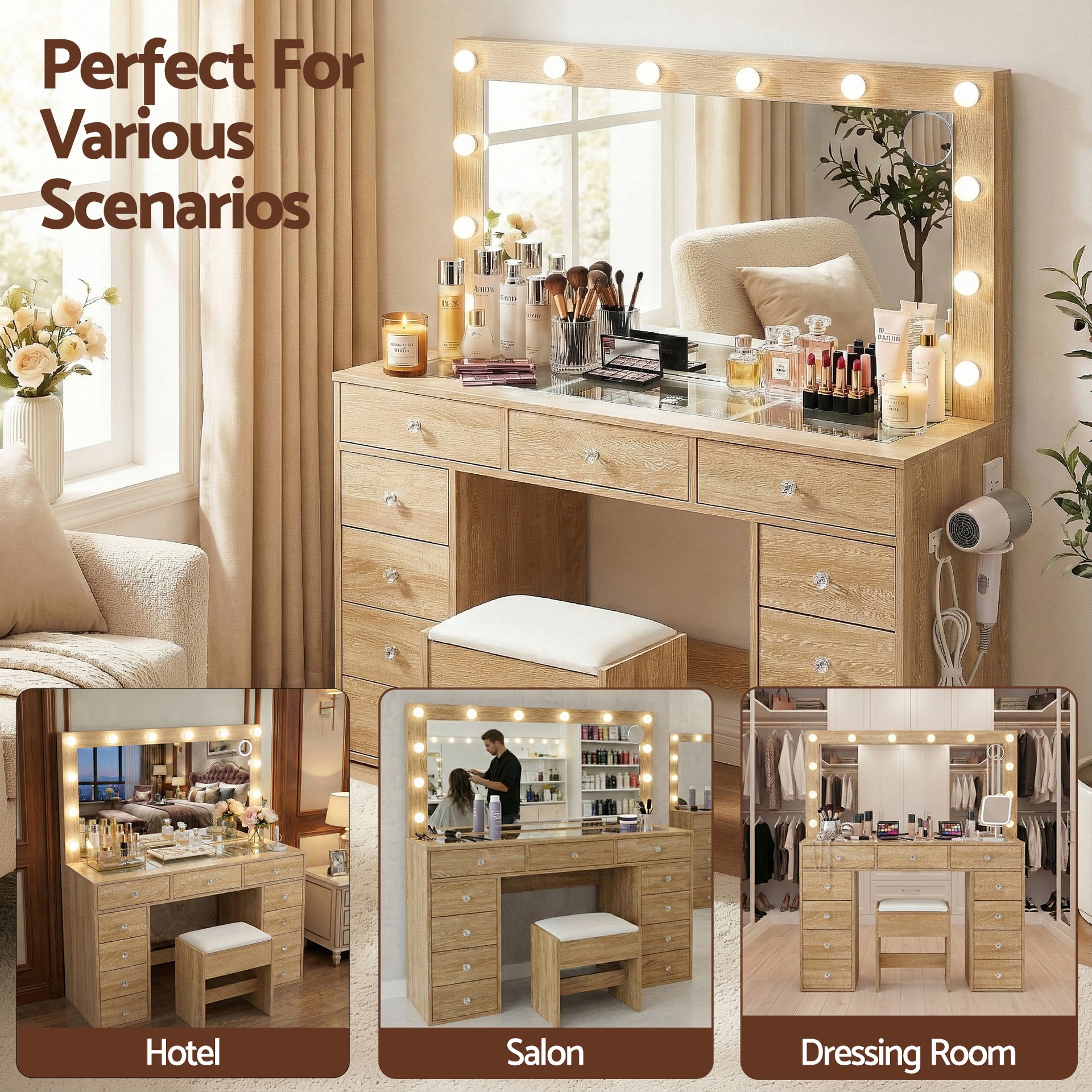 Artiss Dressing Table Vanity Desk Set Stool LED Bulbs Wood Awezingly