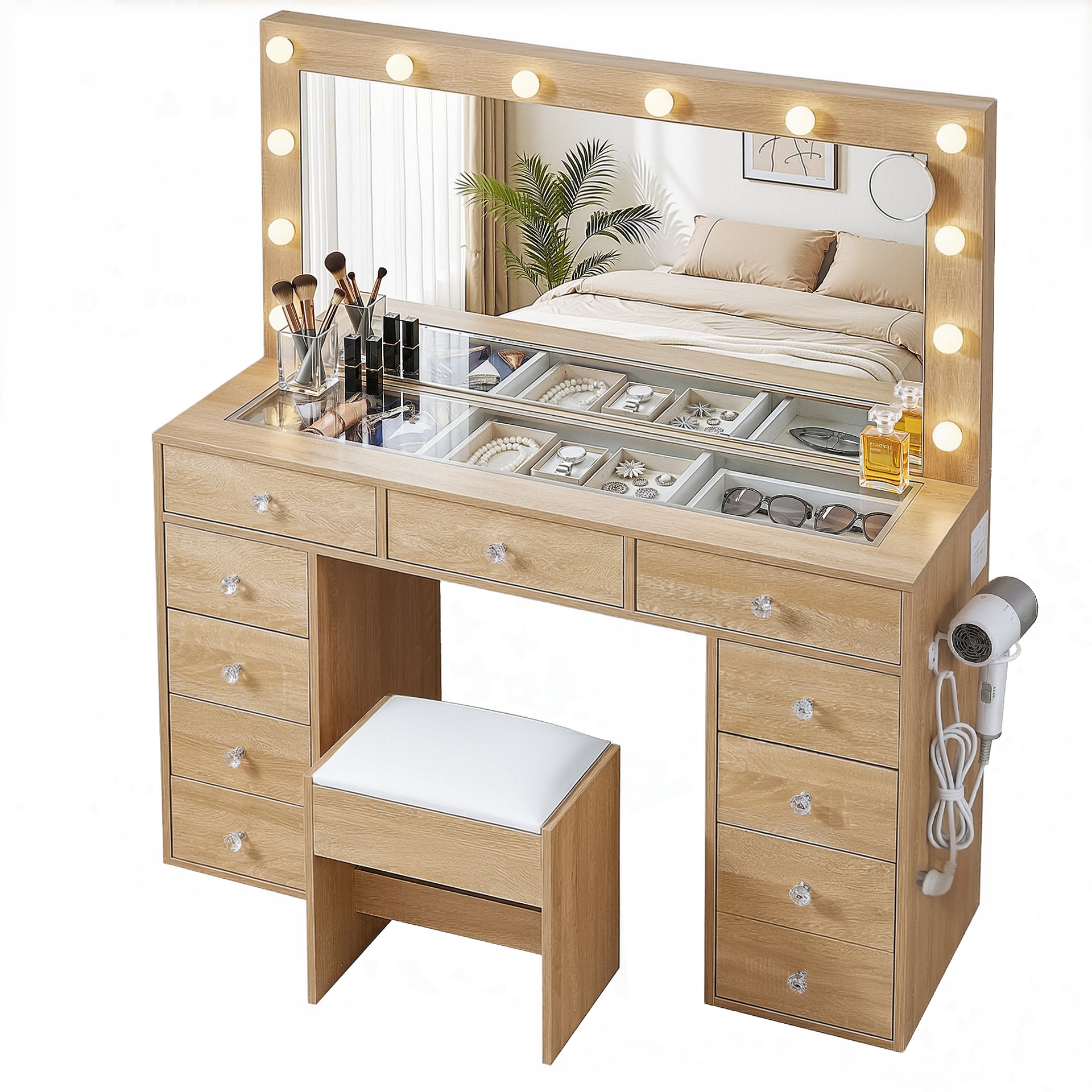 Artiss Dressing Table Vanity Desk Set Stool LED Bulbs Wood Awezingly