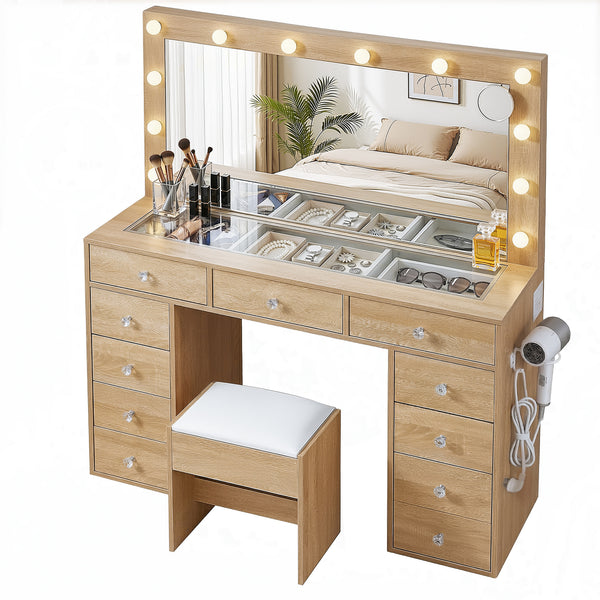 Artiss Dressing Table Vanity Desk Set Stool LED Bulbs Wood Awezingly
