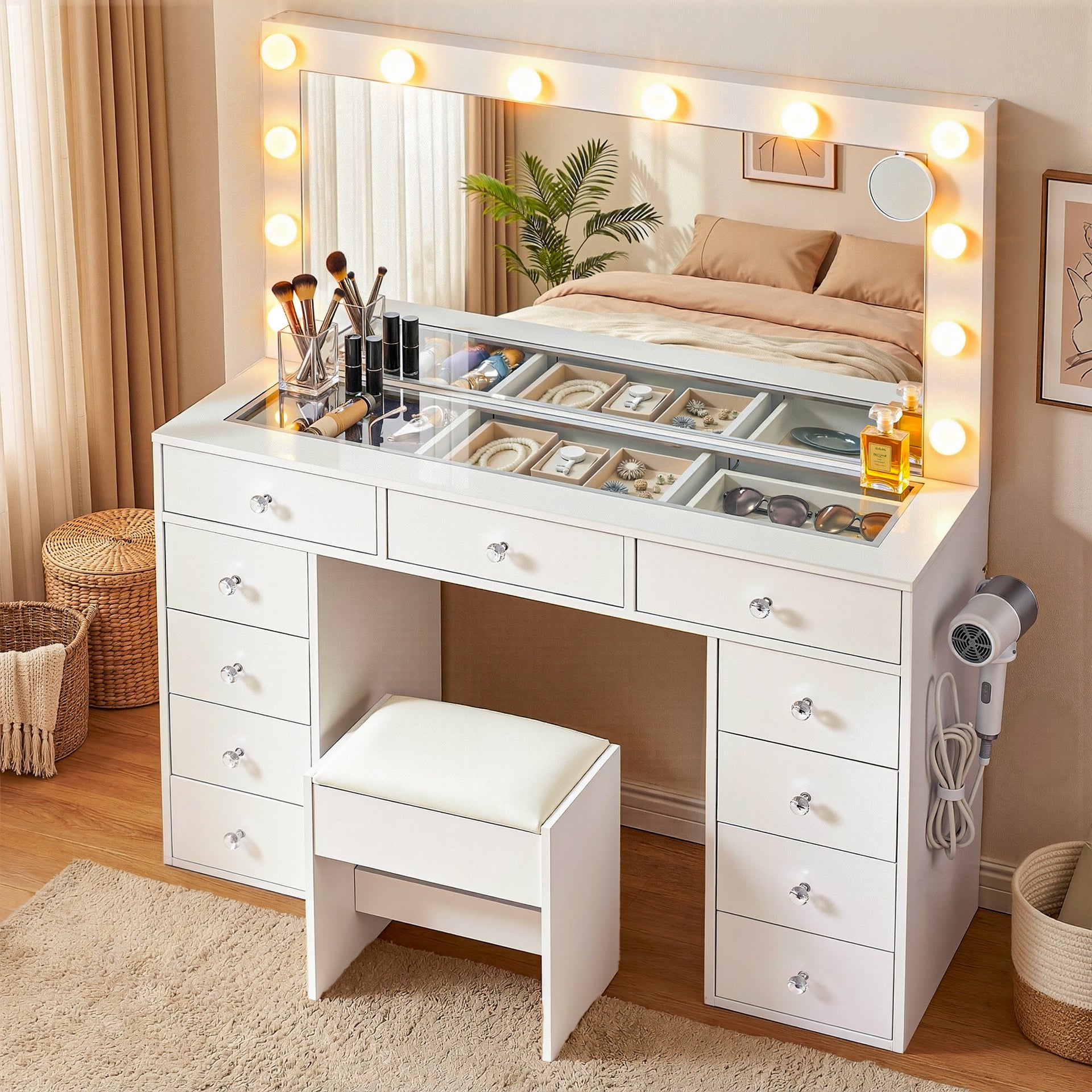 Artiss Dressing Table Vanity Desk Set Stool LED Bulbs White Awezingly