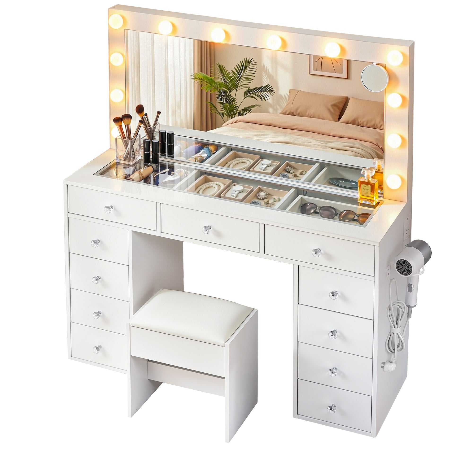 Artiss Dressing Table Vanity Desk Set Stool LED Bulbs White Awezingly