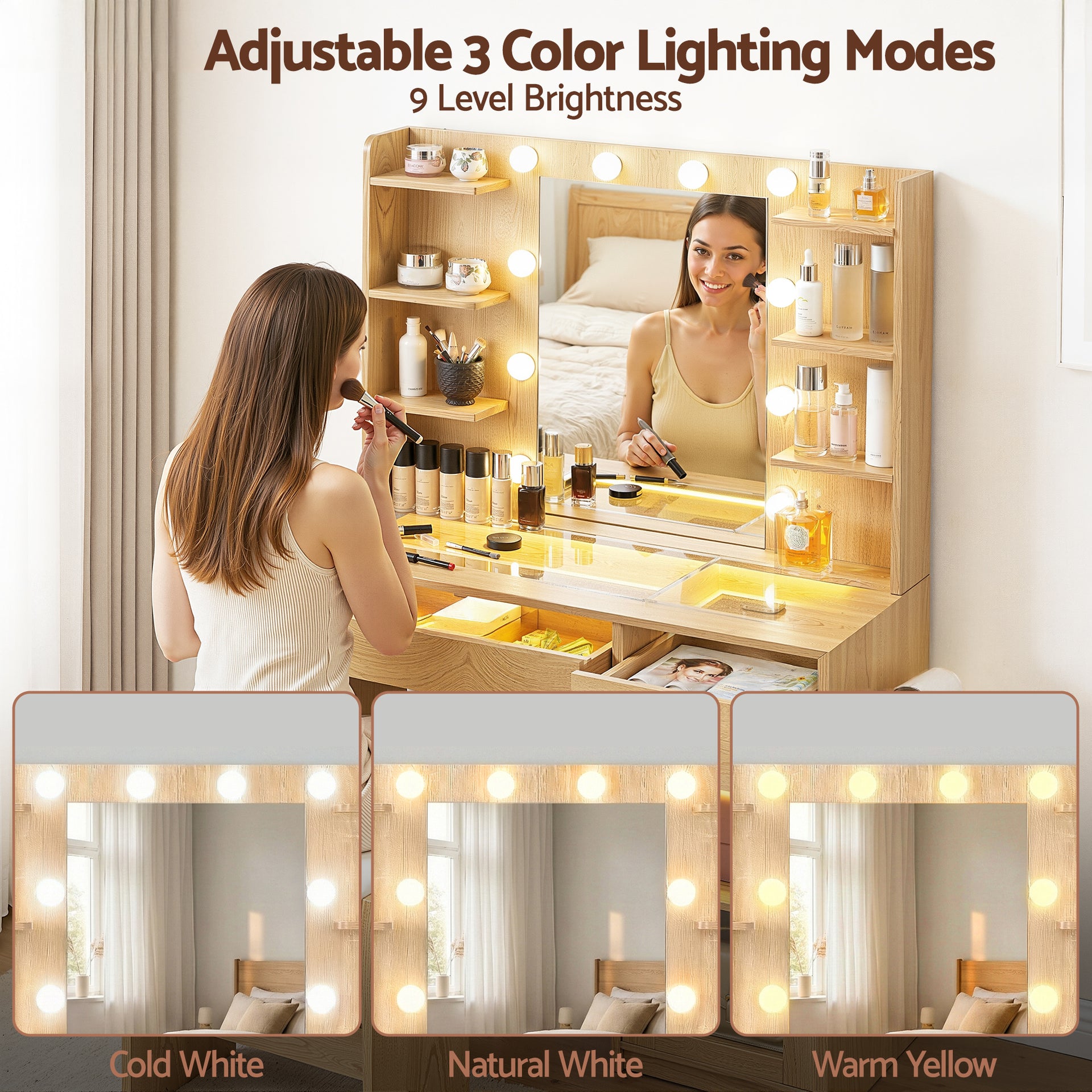 Artiss Dressing Table Vanity Desk Set 10 LED Bulbs RGB Light Wood Awezingly