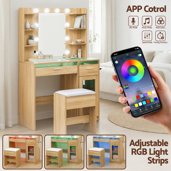 Artiss Dressing Table Vanity Desk Set 10 LED Bulbs RGB Light Wood Awezingly
