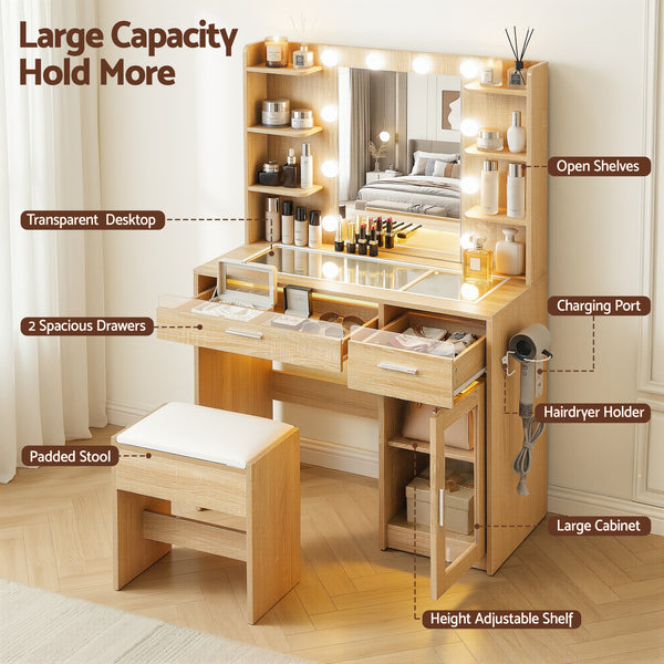 Artiss Dressing Table Vanity Desk Set 10 LED Bulbs RGB Light Wood Awezingly