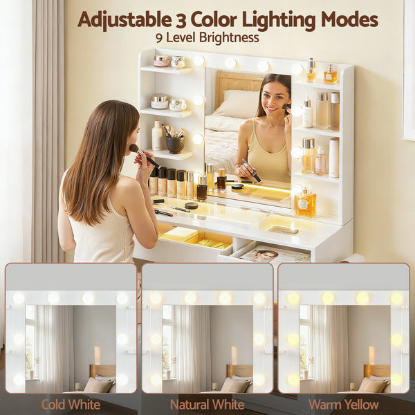 Artiss Dressing Table Vanity Desk Set 10 LED Bulbs RGB Light White Awezingly