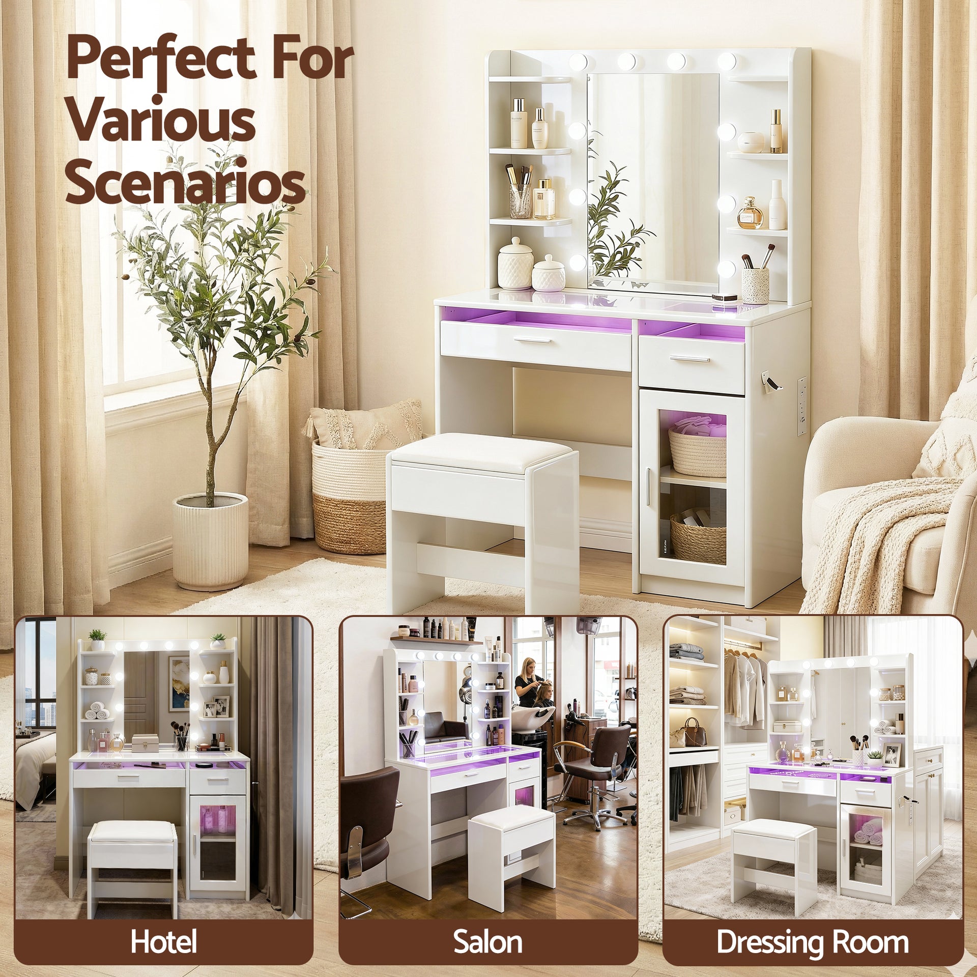 Artiss Dressing Table Vanity Desk Set 10 LED Bulbs RGB Light White Awezingly