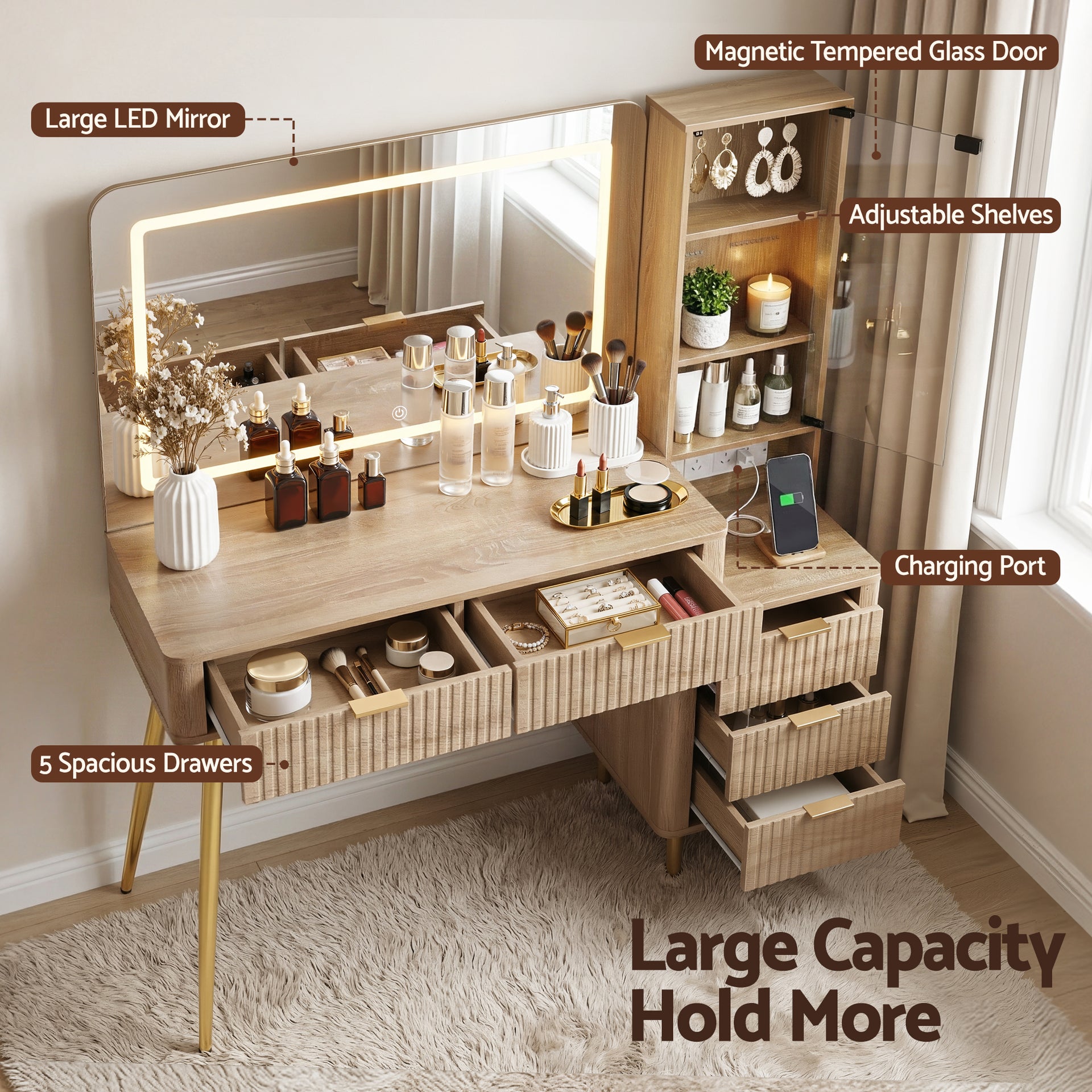 Artiss Dressing Table LED Vanity Desk Charging Station Wood Awezingly