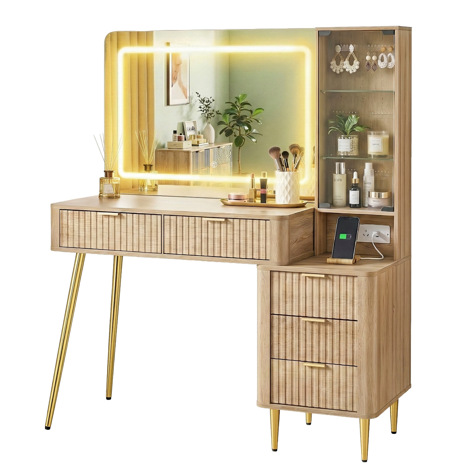 Artiss Dressing Table LED Vanity Desk Charging Station Wood Awezingly