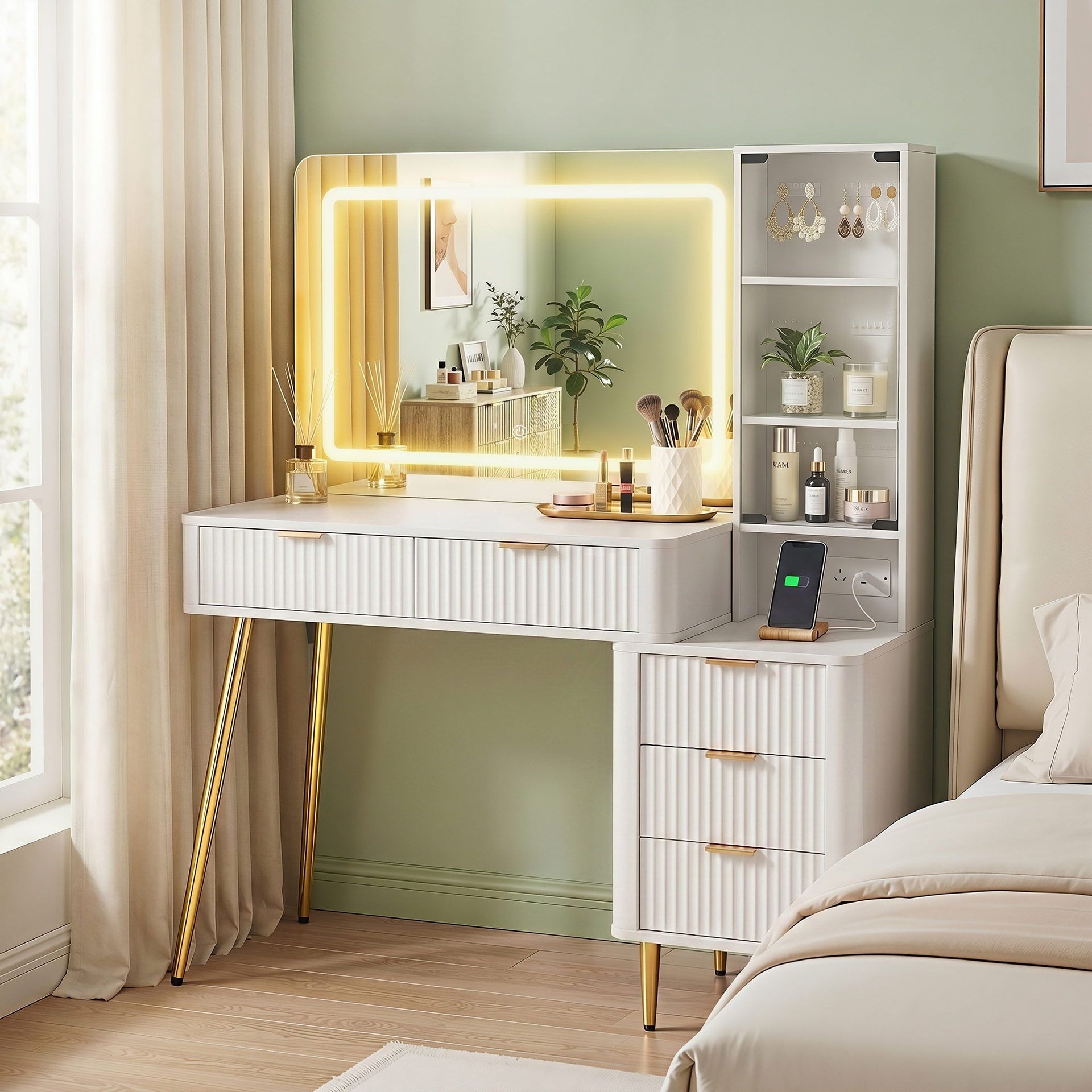 Artiss Dressing Table LED Vanity Desk Charging Station White Awezingly