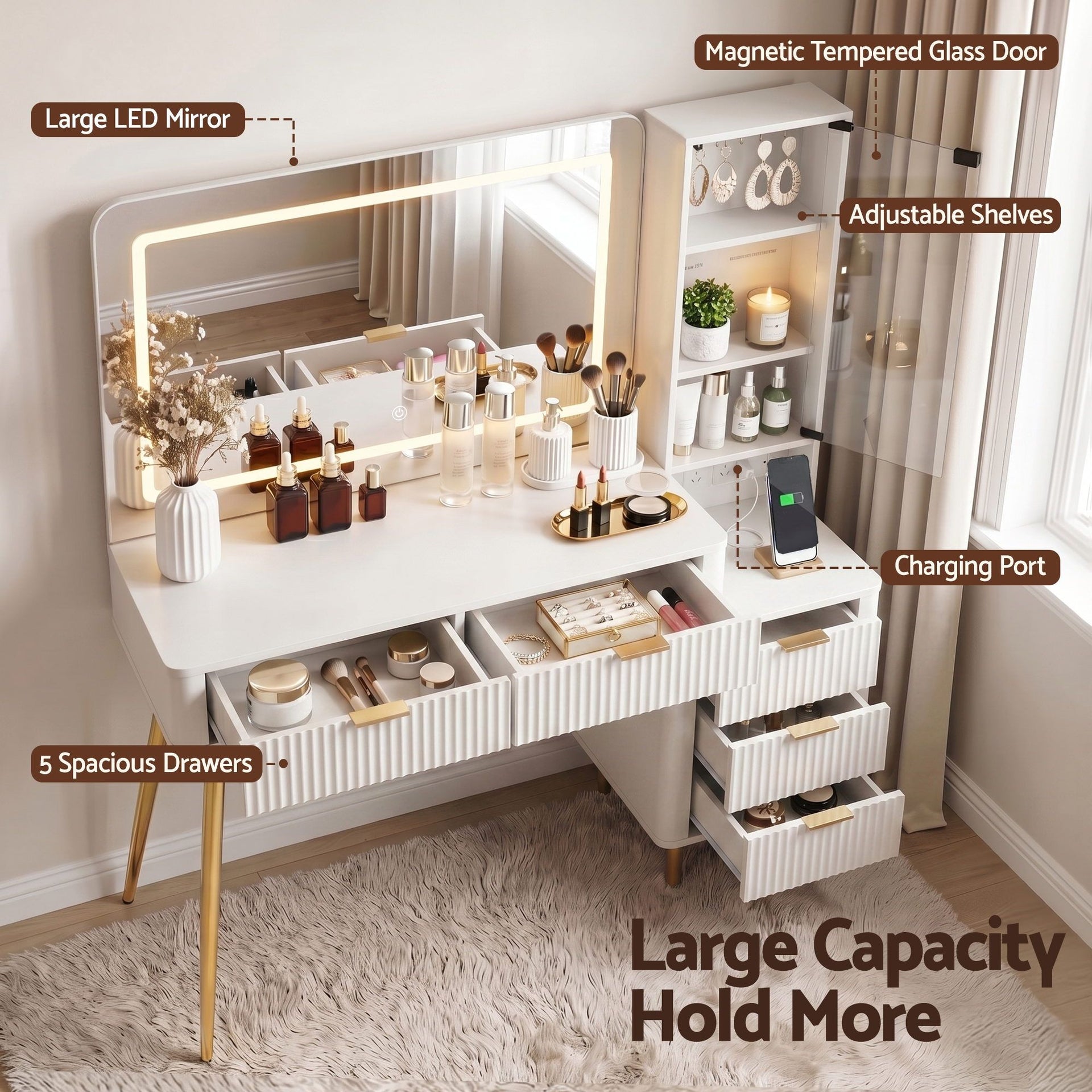 Artiss Dressing Table LED Vanity Desk Charging Station White Awezingly