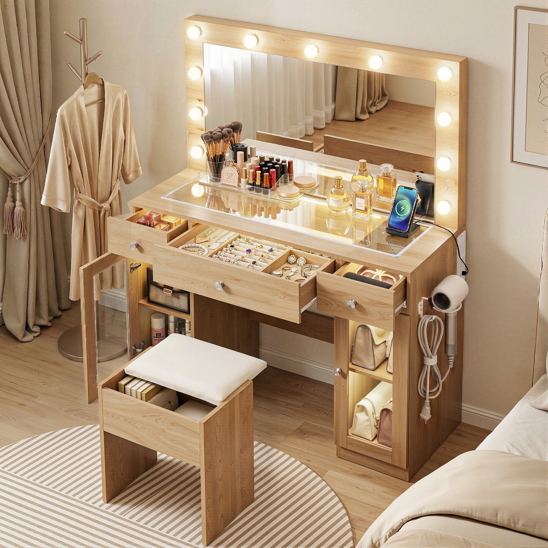 Artiss Dressing Table Vanity Desk Set LED Bulbs RGB Light Wood Awezingly