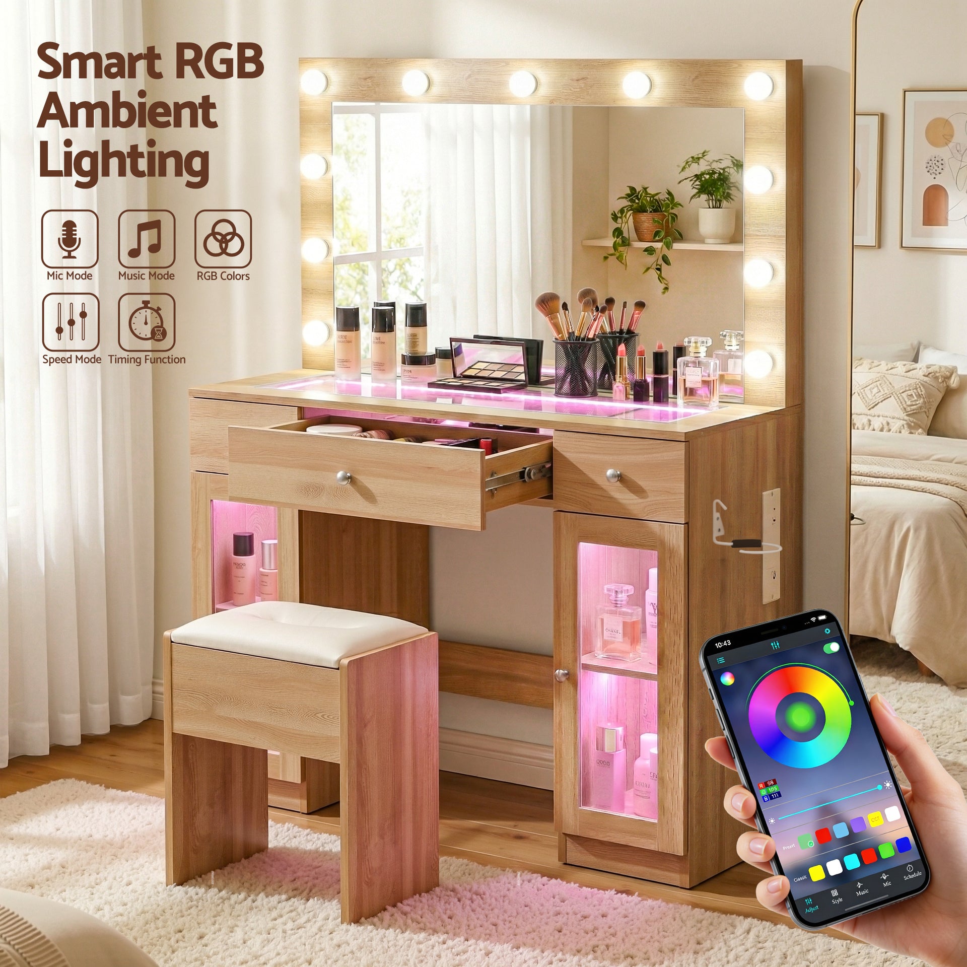 Artiss Dressing Table Vanity Desk Set LED Bulbs RGB Light Wood Awezingly