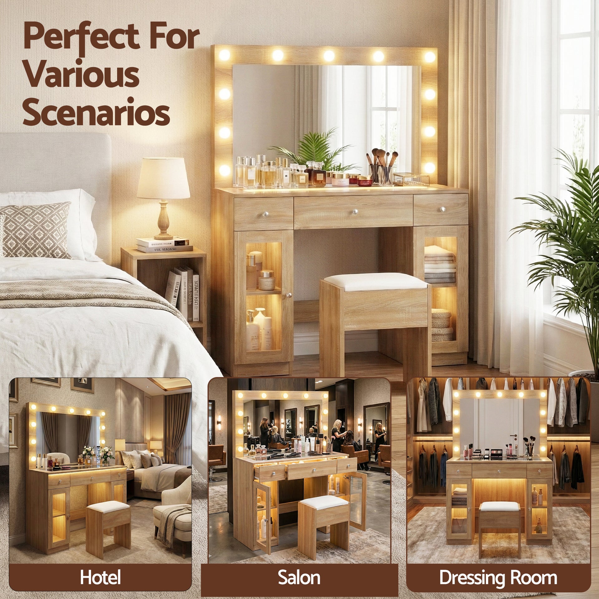 Artiss Dressing Table Vanity Desk Set LED Bulbs RGB Light Wood Awezingly