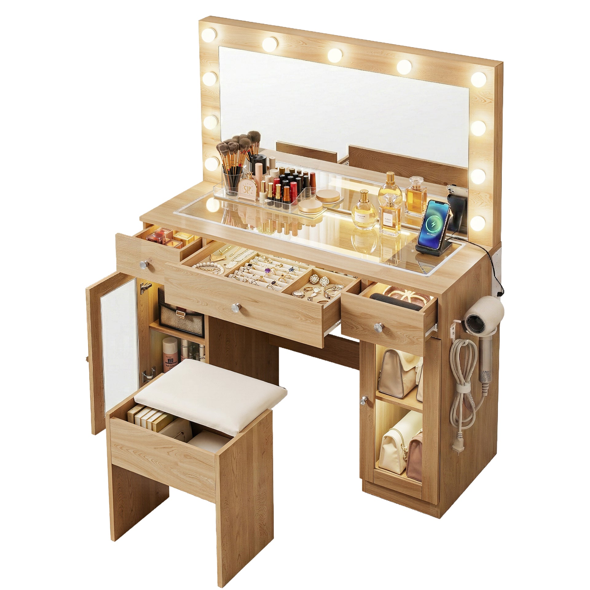 Artiss Dressing Table Vanity Desk Set LED Bulbs RGB Light Wood Awezingly