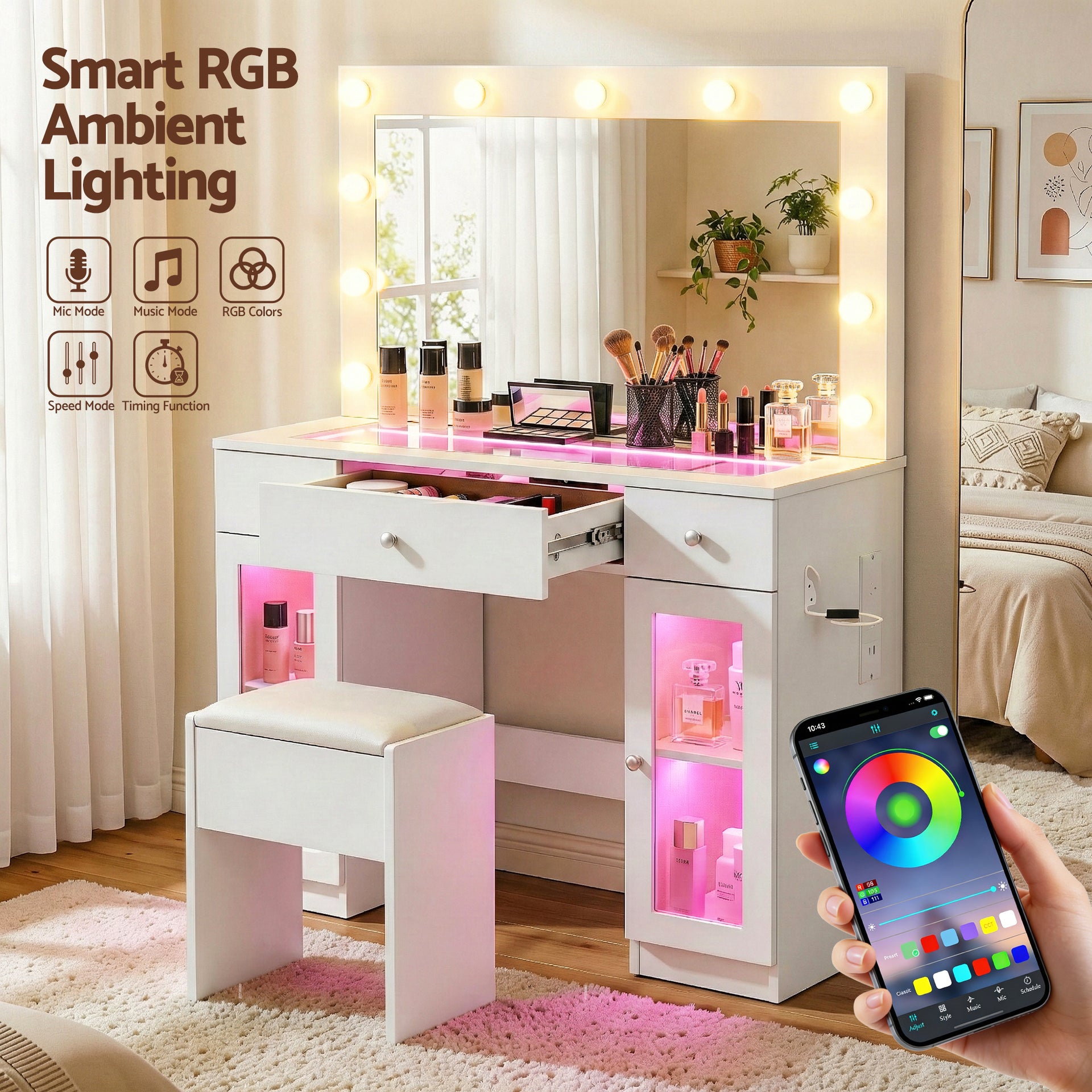 Artiss Dressing Table Vanity Desk Set LED Bulbs RGB Light White Awezingly