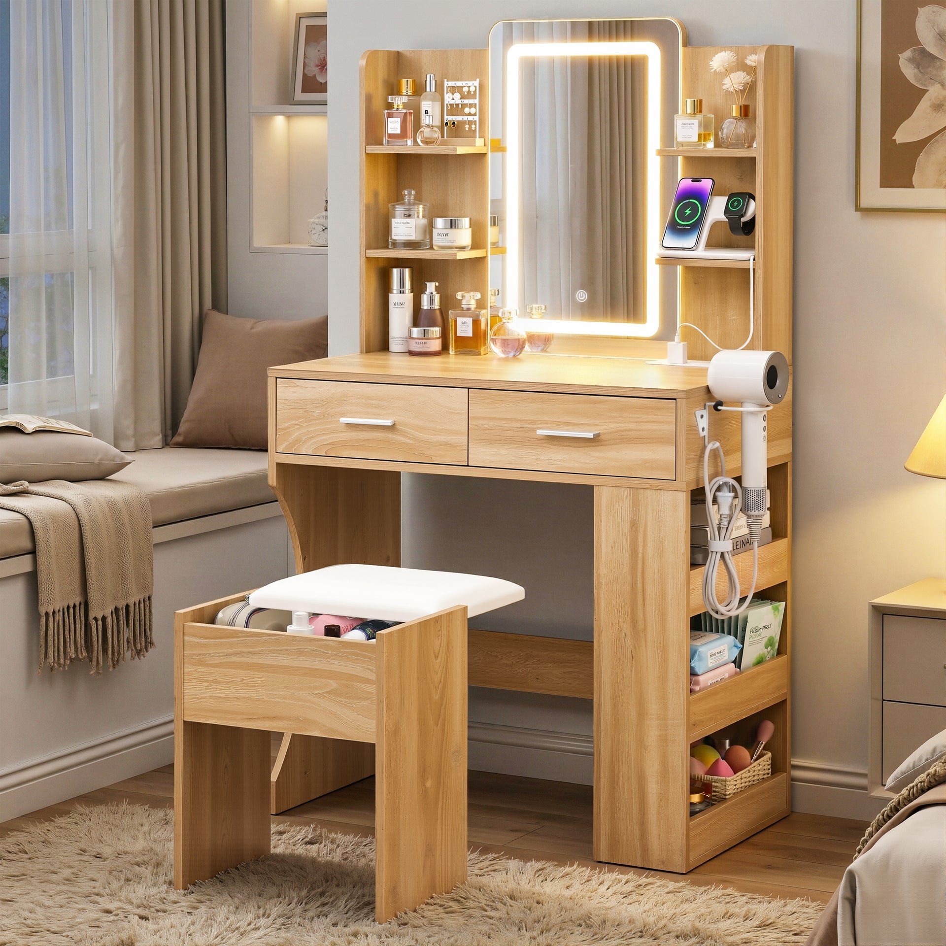 Artiss Dressing Table LED Vanity Desk Set Stool Wood Awezingly