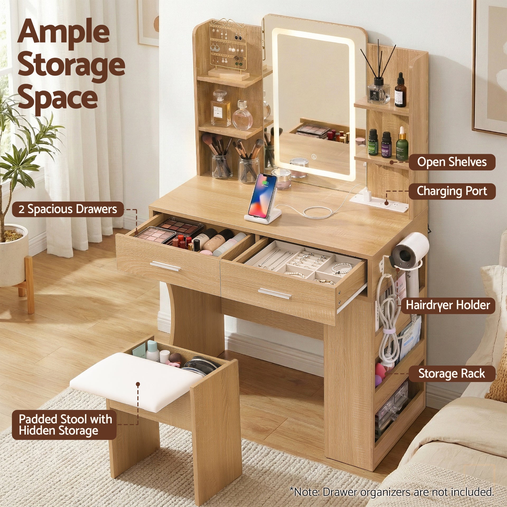 Artiss Dressing Table LED Vanity Desk Set Stool Wood Awezingly