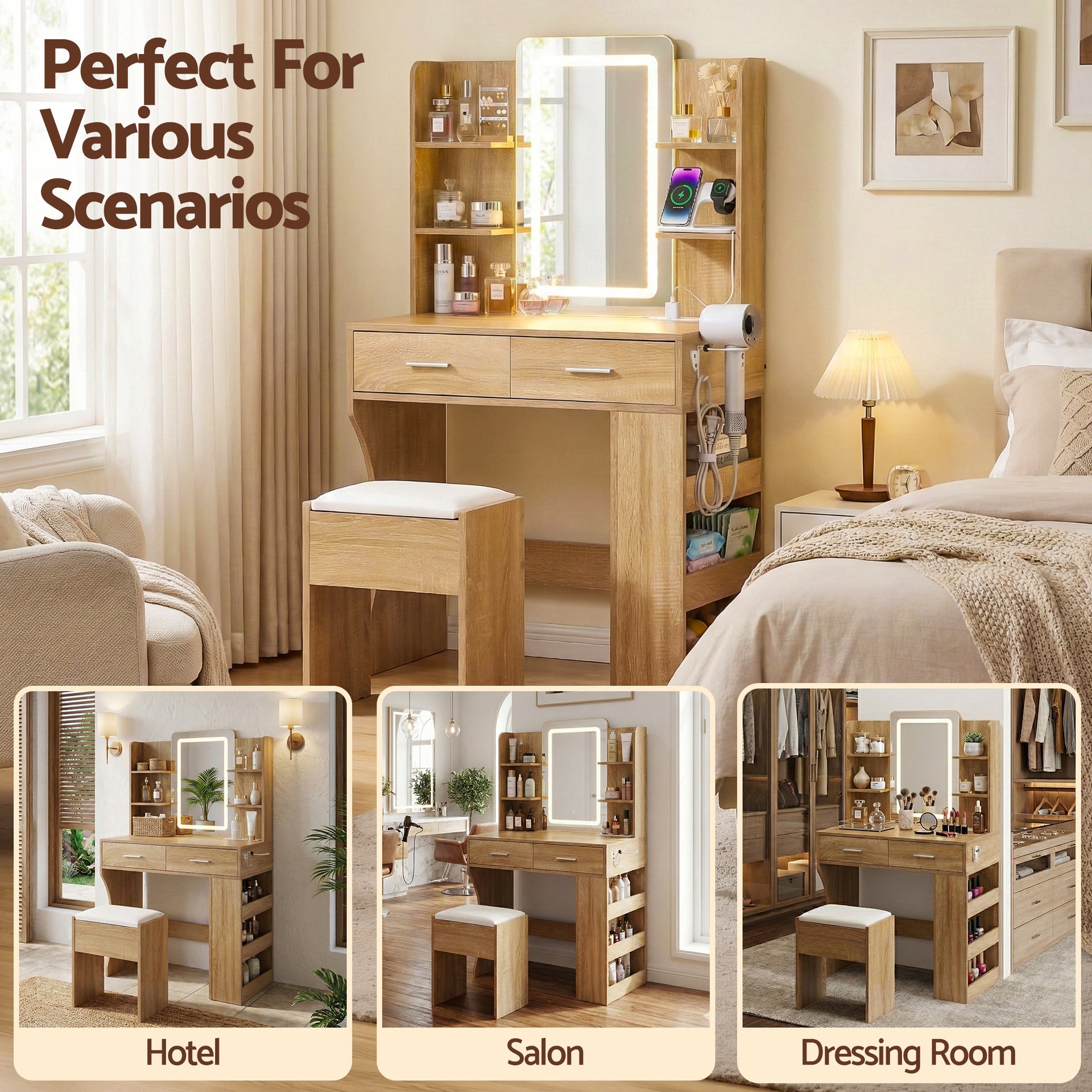 Artiss Dressing Table LED Vanity Desk Set Stool Wood Awezingly