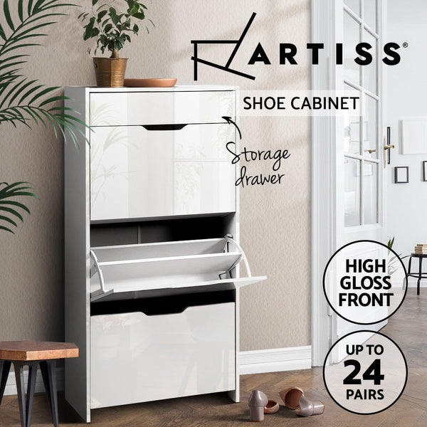 Artiss Shoe Cabinet 3 Tier Shoes Storage Drawer High Gloss White Rack Shelf Artiss