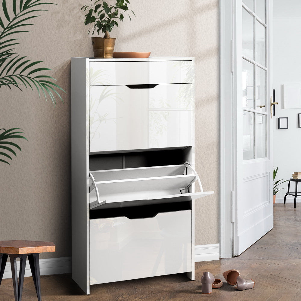 Artiss Shoe Cabinet 3 Tier Shoes Storage Drawer High Gloss White Rack Shelf Artiss