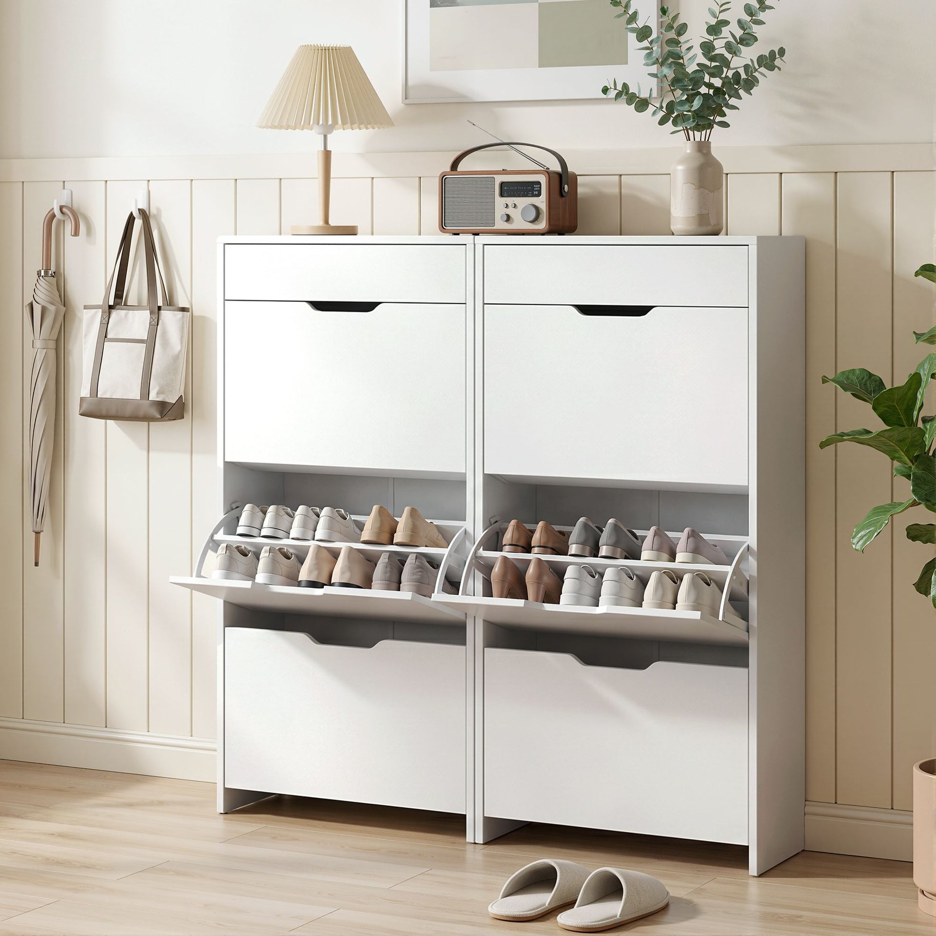 Artiss 2x Shoe Cabinet Organiser 3 Flip Drawer High Gloss White Awezingly
