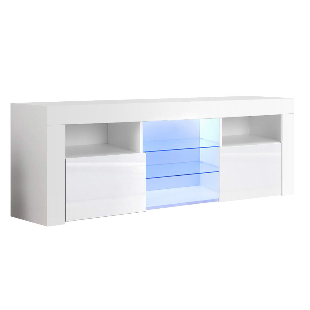 Artiss 145cm RGB LED TV Stand Cabinet Entertainment Unit Gloss Furniture Tempered Glass Shelf White Artiss
