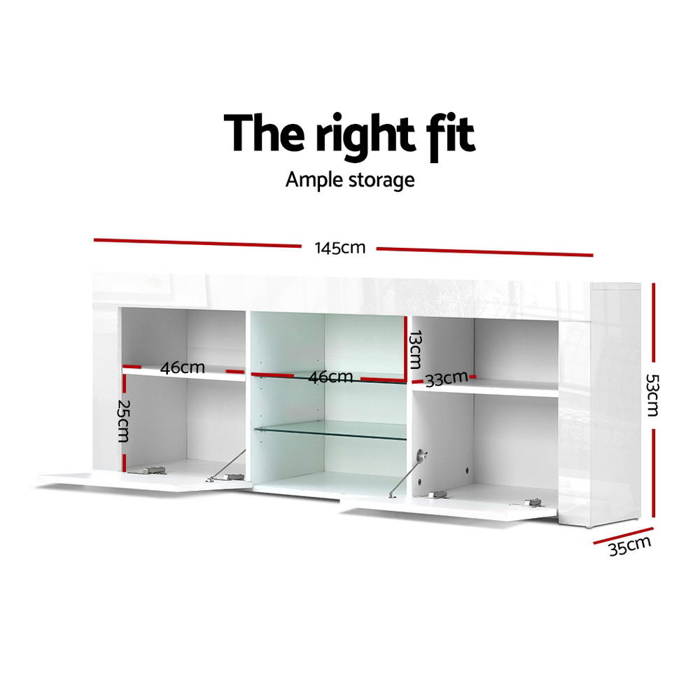 Artiss 145cm RGB LED TV Stand Cabinet Entertainment Unit Gloss Furniture Tempered Glass Shelf White Artiss