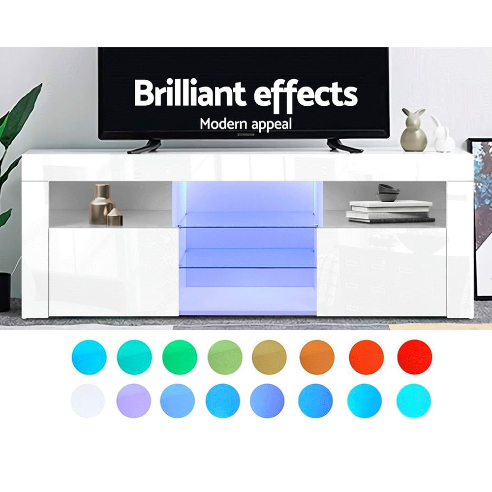 Artiss 145cm RGB LED TV Stand Cabinet Entertainment Unit Gloss Furniture Tempered Glass Shelf White Artiss