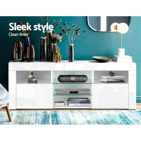 Artiss 145cm RGB LED TV Stand Cabinet Entertainment Unit Gloss Furniture Tempered Glass Shelf White Artiss