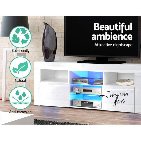 Artiss 145cm RGB LED TV Stand Cabinet Entertainment Unit Gloss Furniture Tempered Glass Shelf White Artiss