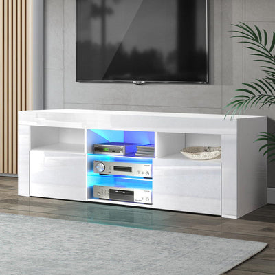 Artiss 145cm RGB LED TV Stand Cabinet Entertainment Unit Gloss Furniture Tempered Glass Shelf White