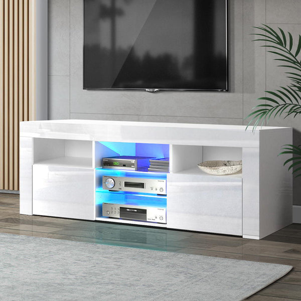 Artiss 145cm RGB LED TV Stand Cabinet Entertainment Unit Gloss Furniture Tempered Glass Shelf White Artiss