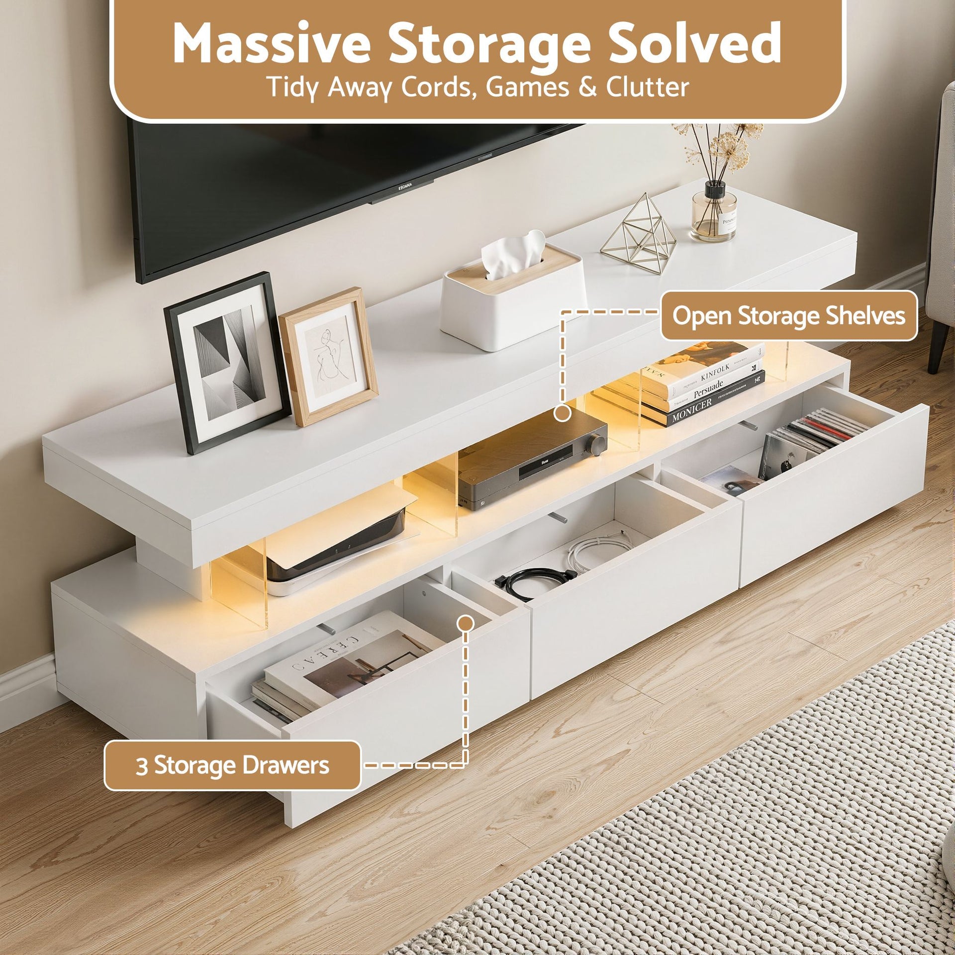 Artiss TV Unit LED 160CM Storage Drawer White Awezingly