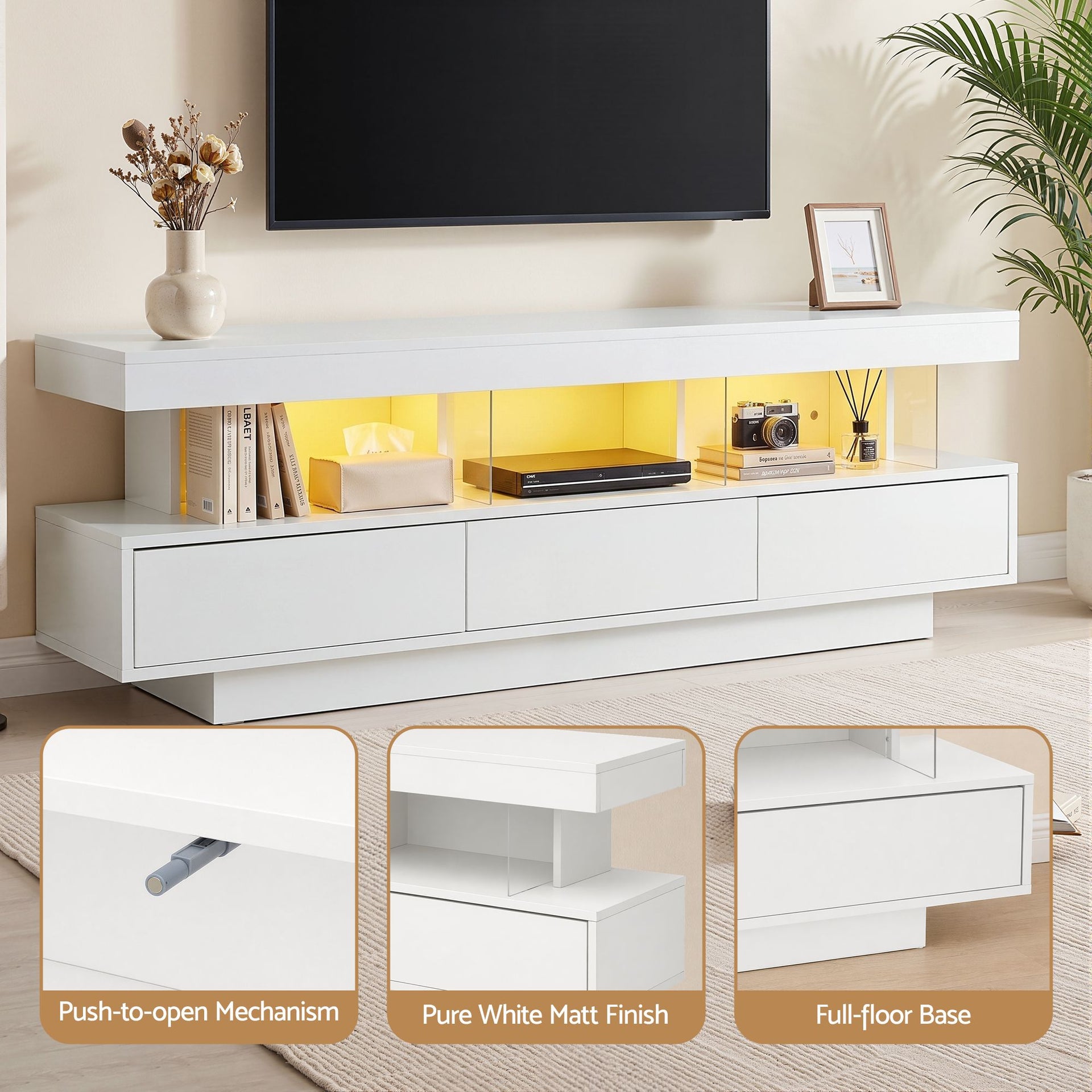 Artiss TV Unit LED 160CM Storage Drawer White Awezingly