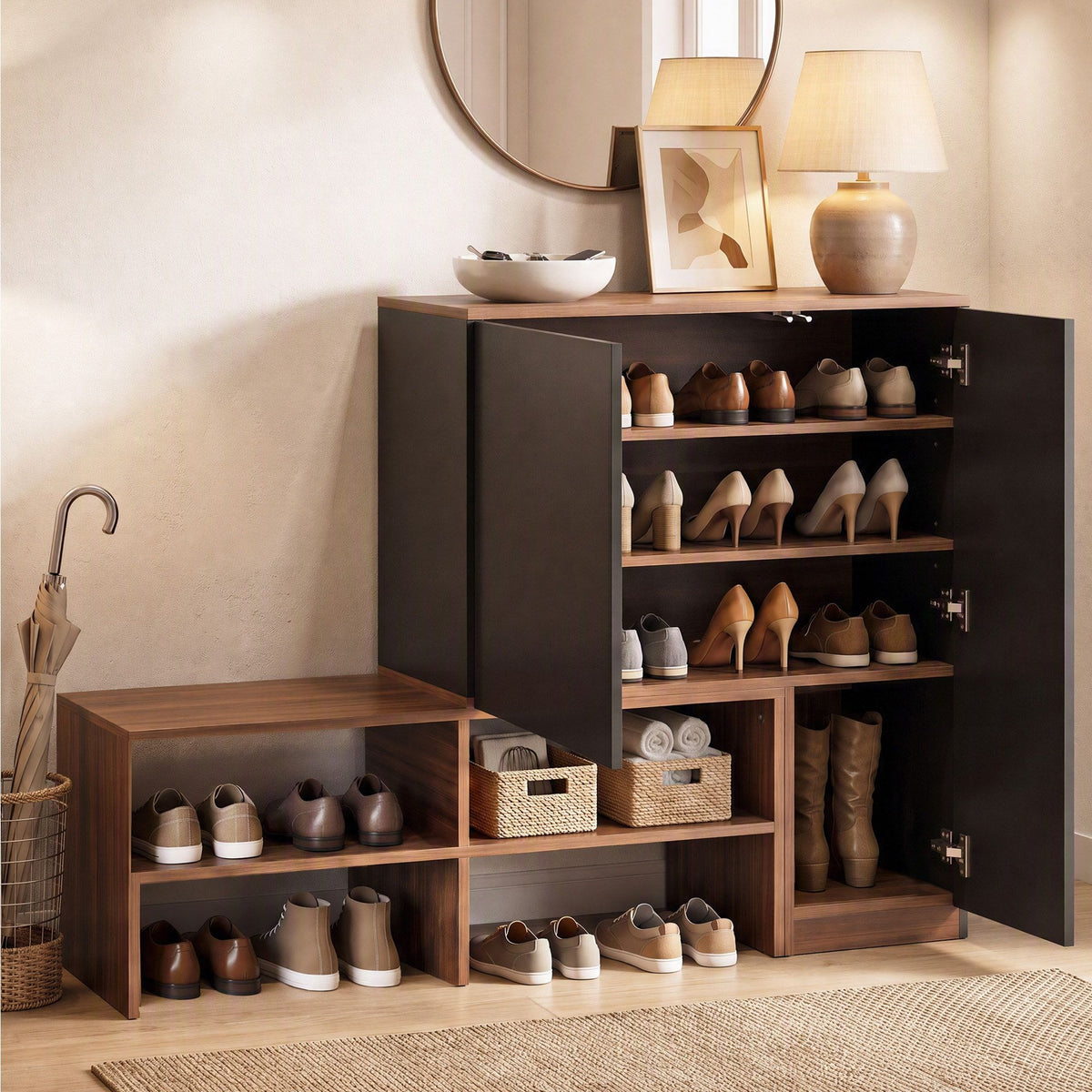 Artiss 2-IN-1 Shoe Cabinet Bench w/ Adjustable Shelf Hallway Walnut & Black Awezingly