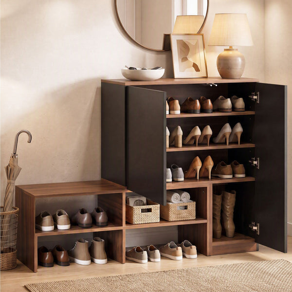 Artiss 2-IN-1 Shoe Cabinet Bench w/ Adjustable Shelf Hallway Walnut & Black Awezingly