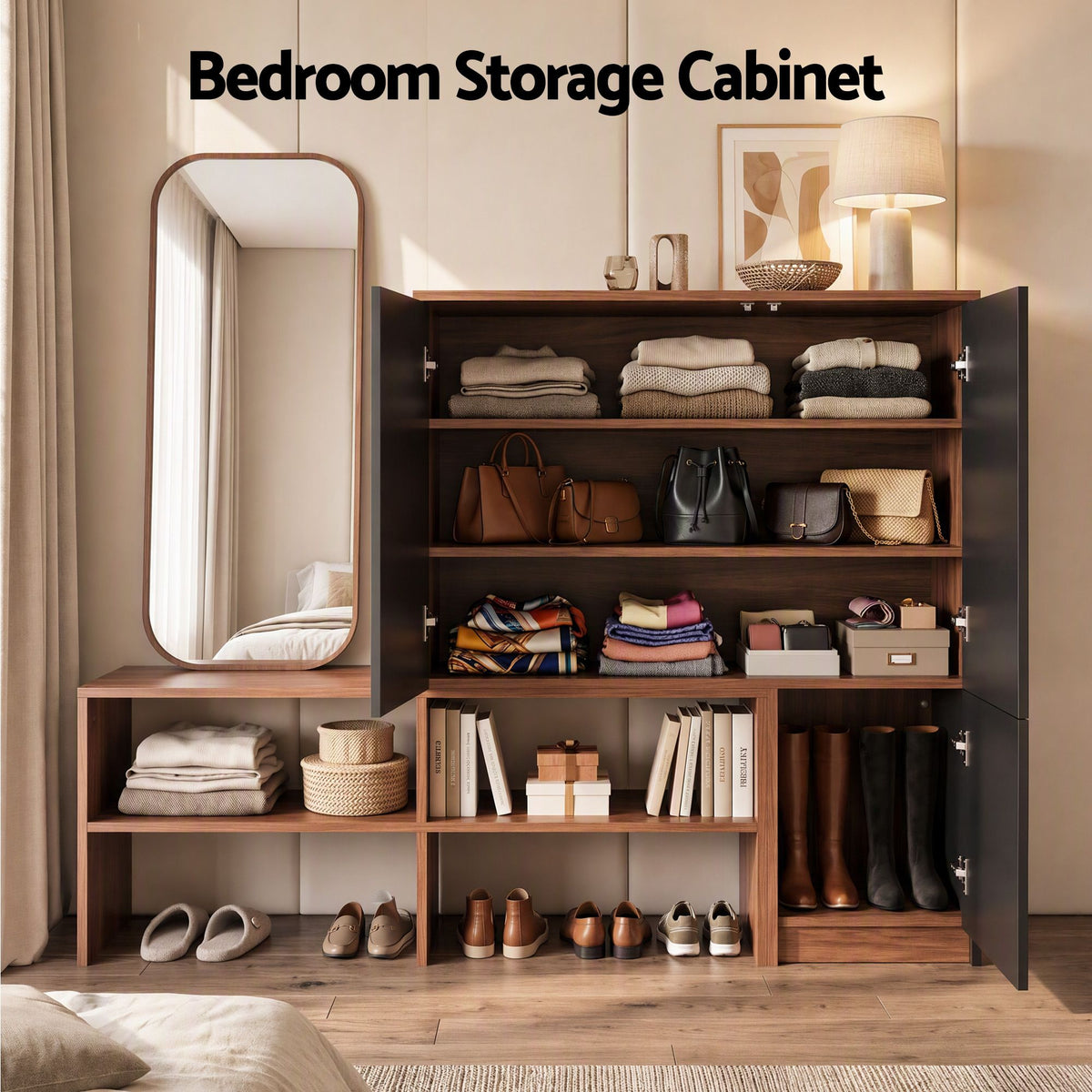 Artiss 2-IN-1 Shoe Cabinet Bench w/ Adjustable Shelf Hallway Walnut & Black Awezingly