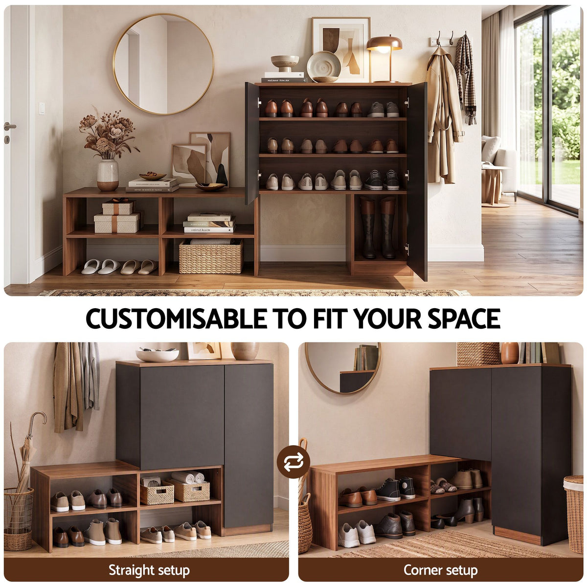 Artiss 2-IN-1 Shoe Cabinet Bench w/ Adjustable Shelf Hallway Walnut & Black Awezingly