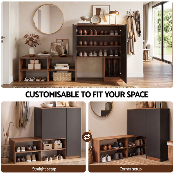 Artiss 2-IN-1 Shoe Cabinet Bench w/ Adjustable Shelf Hallway Walnut & Black Awezingly