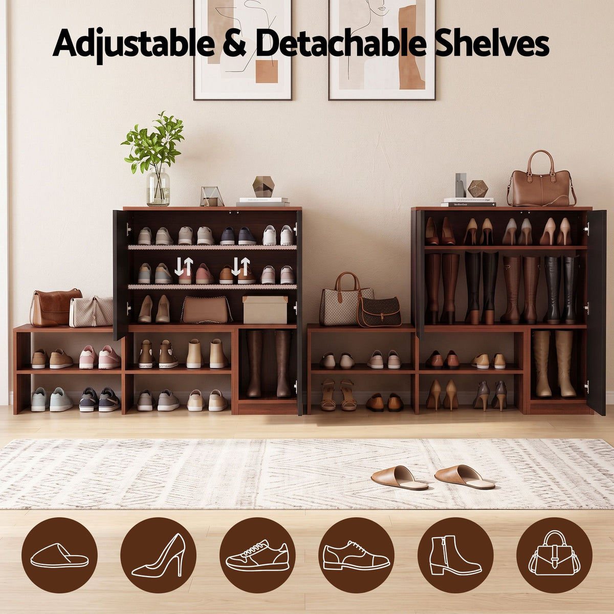Artiss 2-IN-1 Shoe Cabinet Bench w/ Adjustable Shelf Hallway Walnut & Black Awezingly