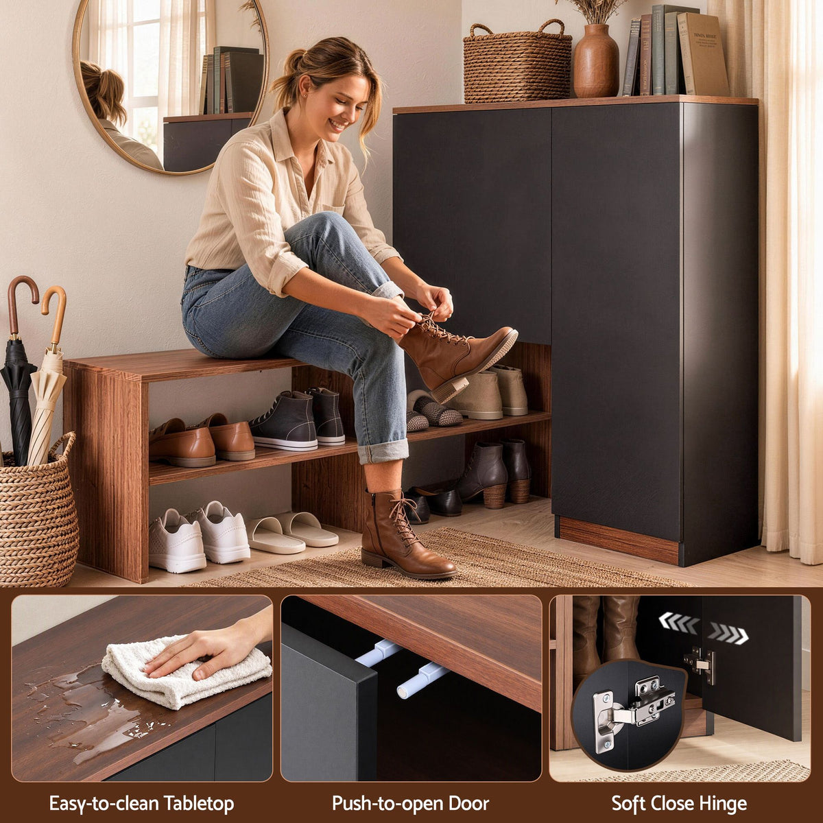 Artiss 2-IN-1 Shoe Cabinet Bench w/ Adjustable Shelf Hallway Walnut & Black Awezingly
