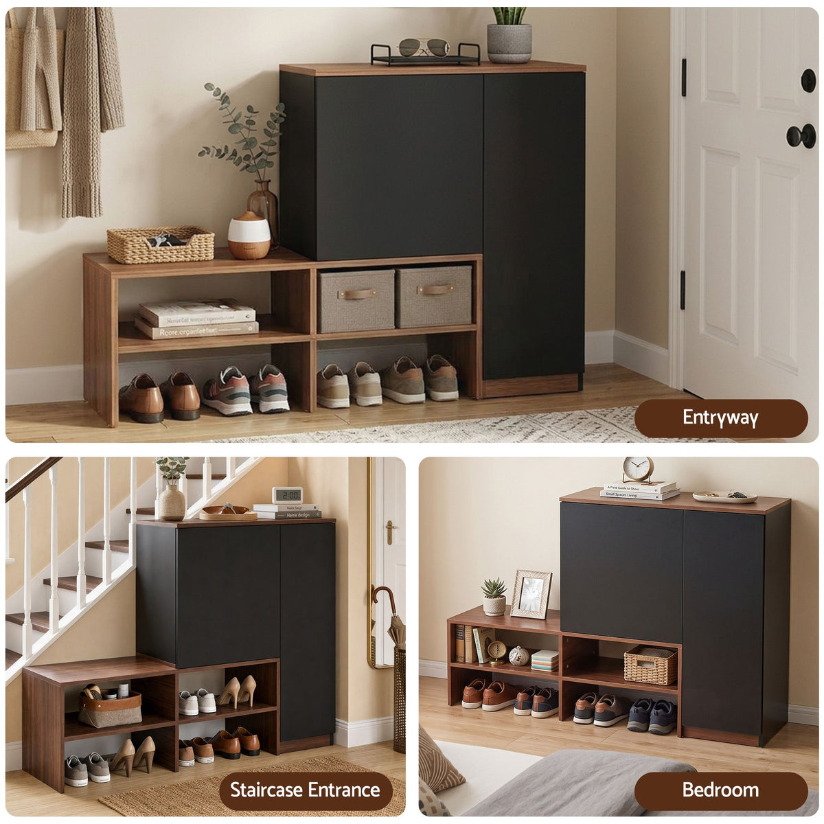 Artiss 2-IN-1 Shoe Cabinet Bench w/ Adjustable Shelf Hallway Walnut & Black Awezingly